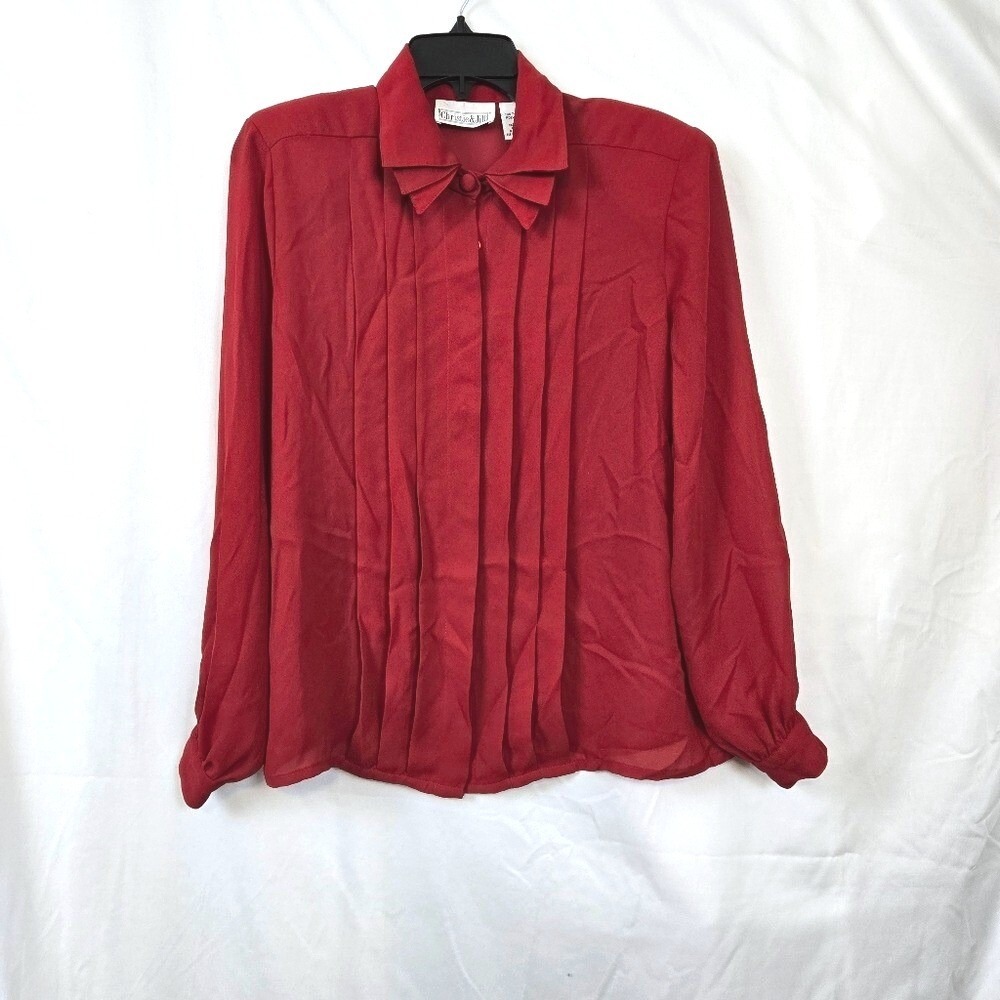 Christie & Jill Womens Red Pleated Front Hidden Button Bow Chiffon Blouse 12 Vtg